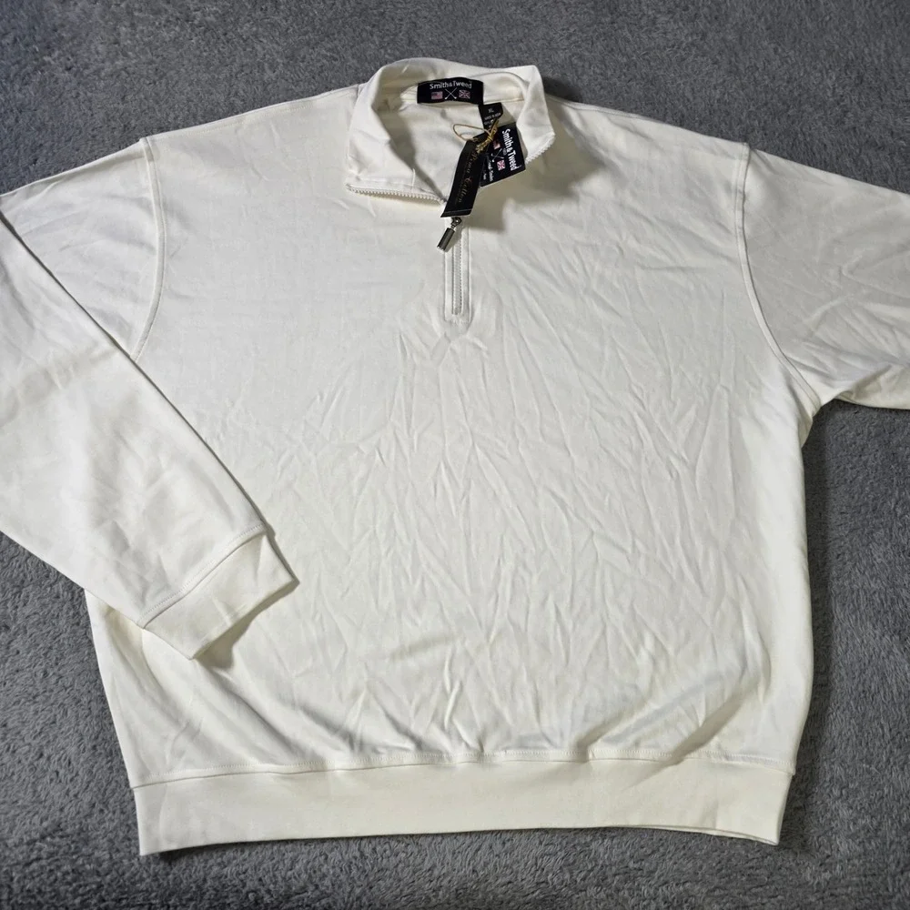 Smith & Tweed Mens XL Quarter Zip Pullover Cream White Pima Cotton Mock Neck
